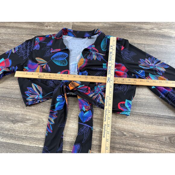 IMAN CASUAL BLACK FLORAL TIE FRONT CROPPED TOP LONG SLEEVE COLLARED WOMENS XLP - Picture 4 of 9